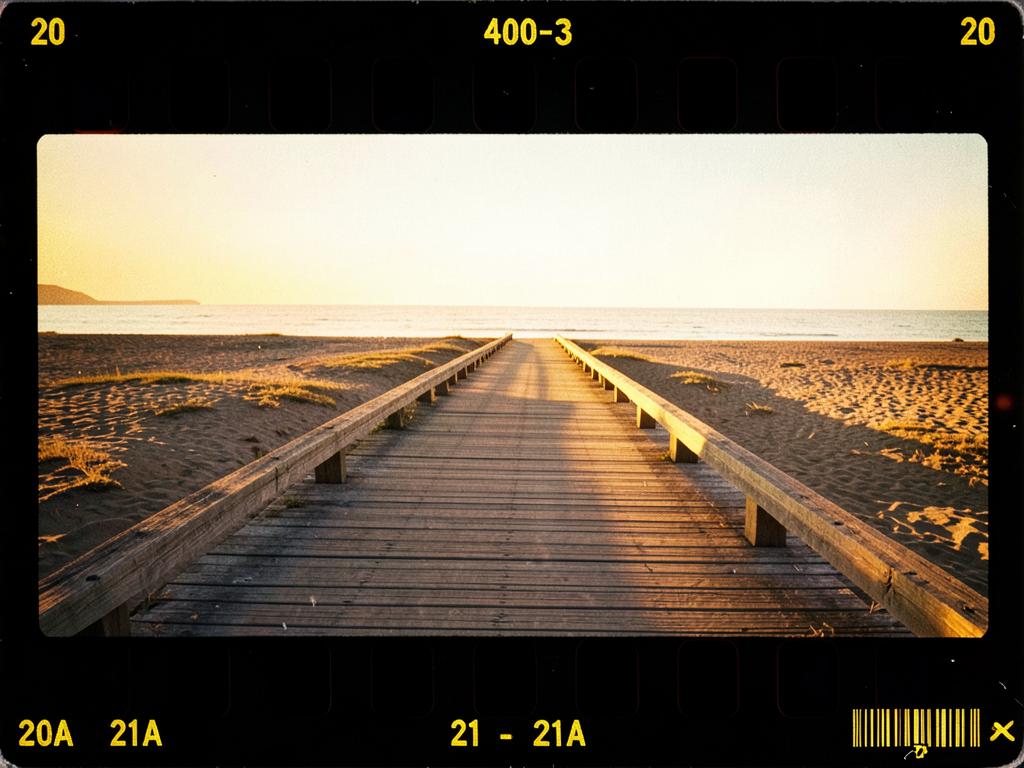 The same photo framed as a 35mm film scan with sprocket holes and yellow edge printing